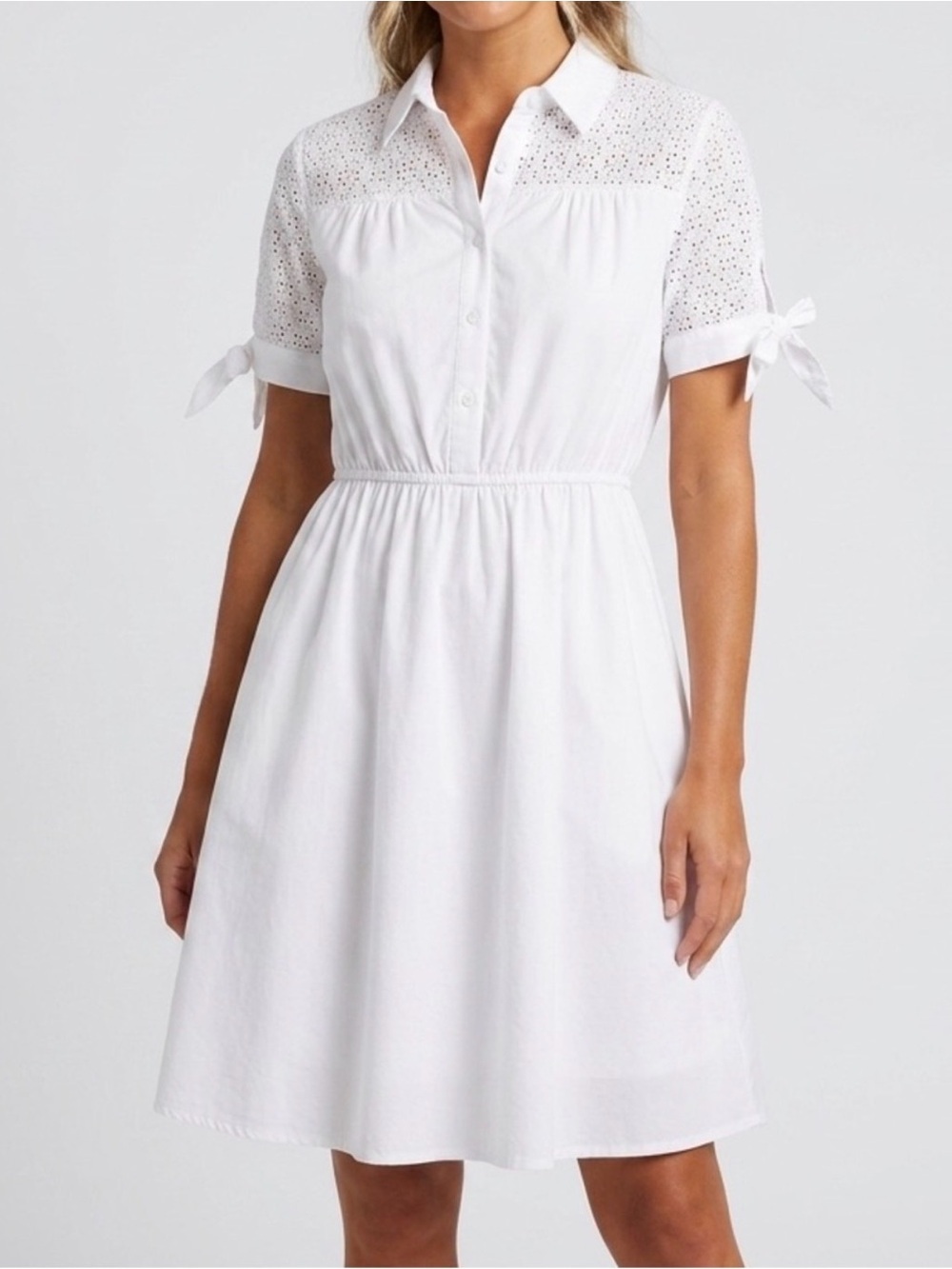 NEW Monteau White Eyelet Midi buttons Dress SMALL tie sleeve cottage womens